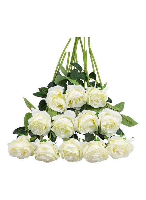 12-Piece Artificial Roses Silk Bridal Wedding Bouquet Realistic Flower White/Green