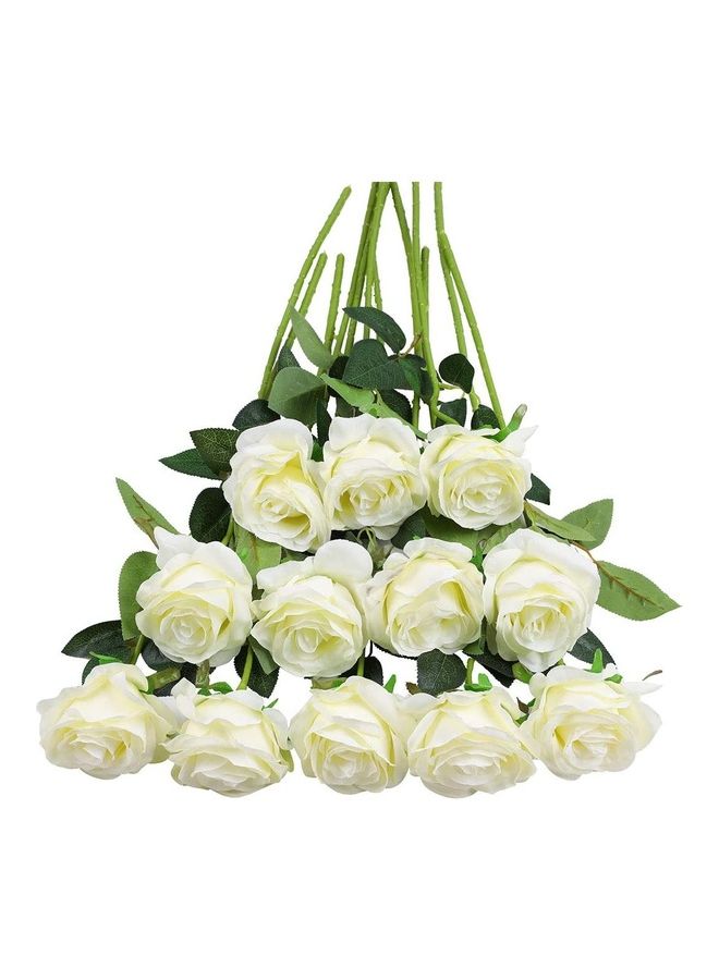 XiuWoo - 12-Piece Artificial Roses Silk Bridal Wedding Bouquet Realistic Flower White/Green - Image 1