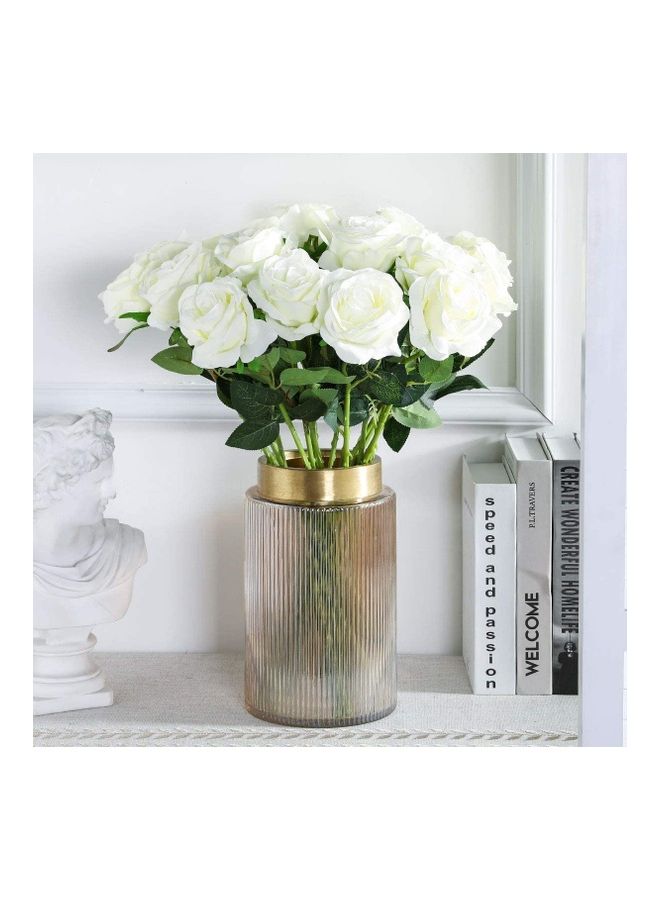 XiuWoo - 12-Piece Artificial Roses Silk Bridal Wedding Bouquet Realistic Flower White/Green - Image 1