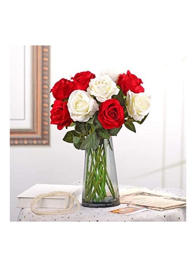 XiuWoo 12-Piece Artificial Rose Flower Red/White/Green - Image 2