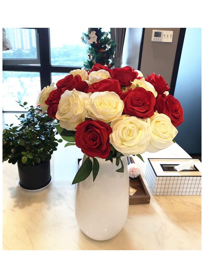 XiuWoo 12-Piece Artificial Rose Flower Red/White/Green - Image 3