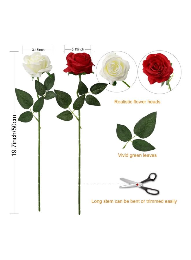 XiuWoo 12-Piece Artificial Rose Flower Red/White/Green - Image 4