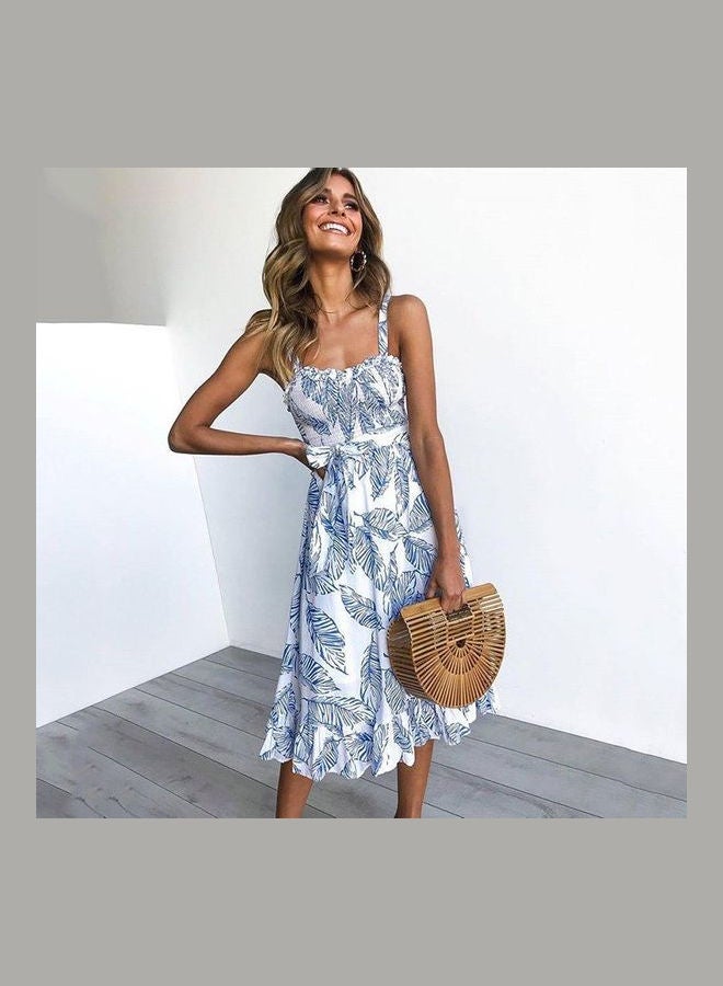 Backless Shirring Smocked High Waist Ruffle Beach Dress White/Blue - Image 2