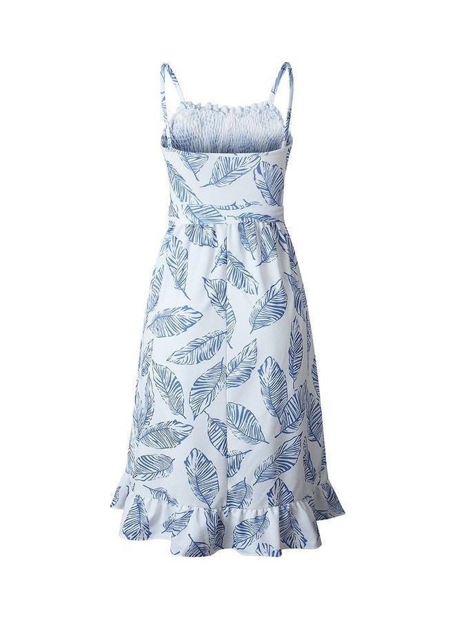 Backless Shirring Smocked High Waist Ruffle Beach Dress White/Blue - Image 1