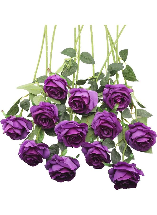 XiuWoo 12-Piece Artificial Rose Flower Purple/Green - Image 1