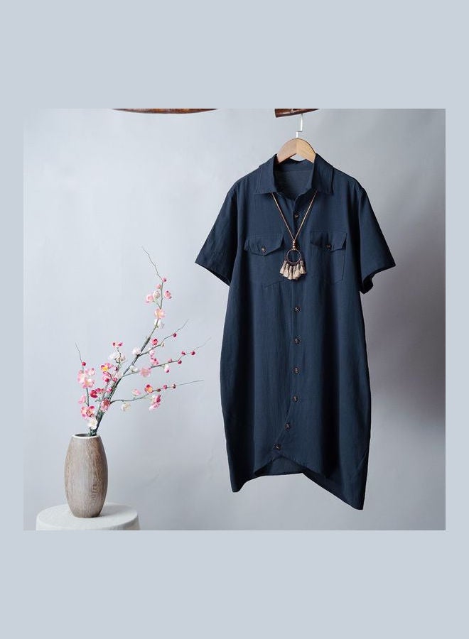 Casual Pocket Detail Shirt Style Dress Dark Blue - Image 5