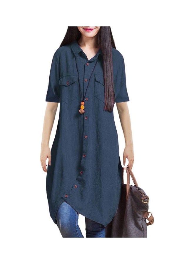 Casual Pocket Detail Shirt Style Dress Dark Blue - Image 4