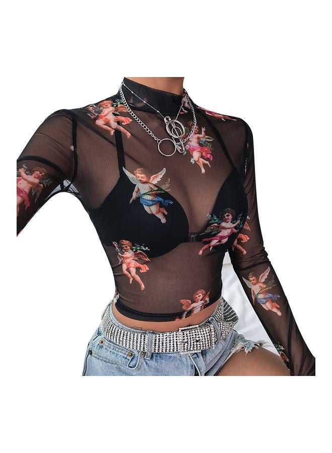 Printed Mesh High Neck Crop Top Black - Image 2