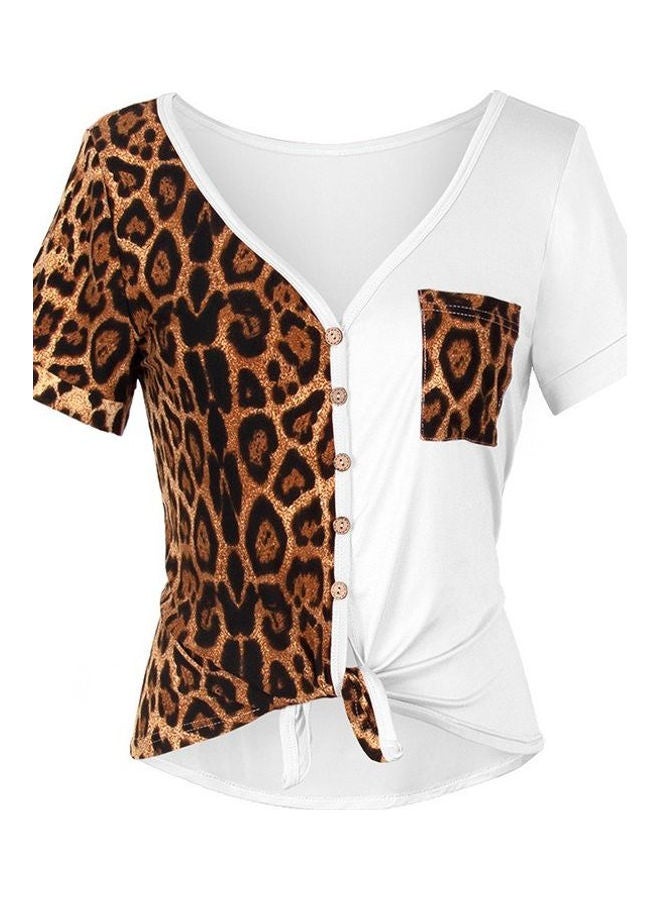 Generic - Leopard Print Spliced V-Neck Top Multicolour - Image 1
