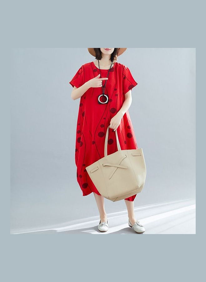 Vintage Loose Dot Print Dress Red - Image 4