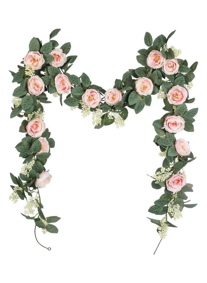 XiuWoo 2-Piece Artificial Rose Vine Garland Pink/Green - Image 1