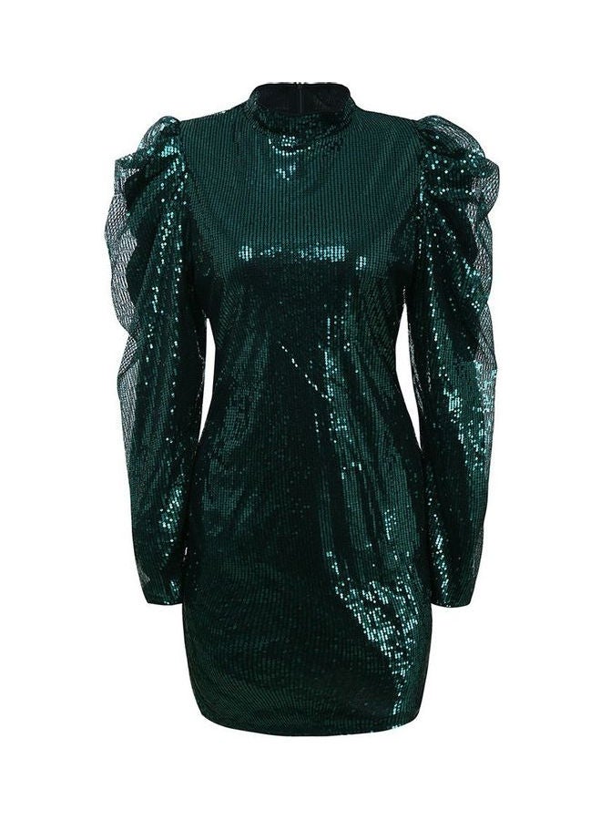 Spring Sequins Long Sleeve Zipper Bodycon Dress Green - Image 1