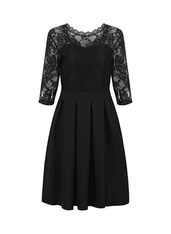 Summer Zipper Ruffle Hem Elegant Sheer Lace Panel Dress Black - Image 2