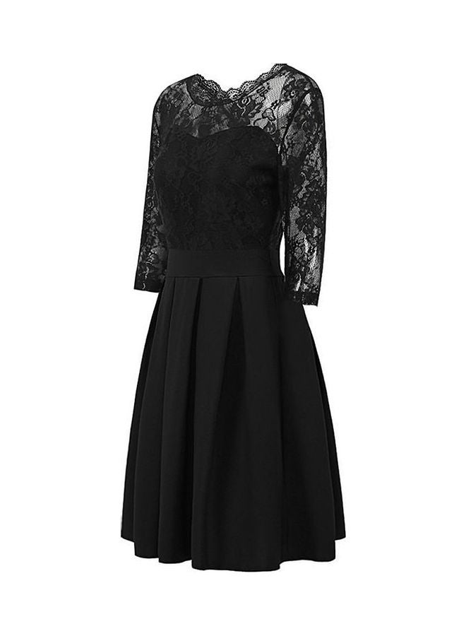 Summer Zipper Ruffle Hem Elegant Sheer Lace Panel Dress Black - Image 4