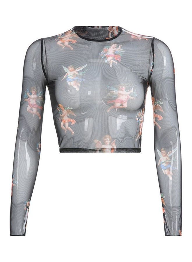 Printed Mesh High Neck Crop Top Black - Image 1
