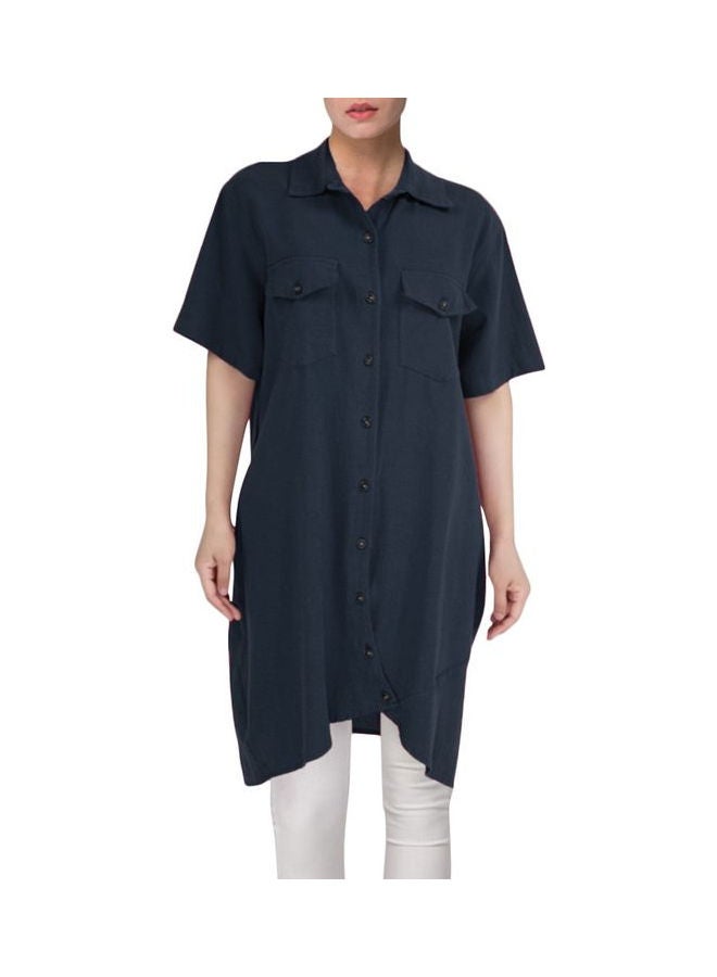 Casual Pocket Detail Shirt Style Dress Dark Blue - Image 3