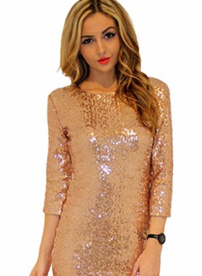 Long Sleeve Shimmered Dress Gold - Image 2