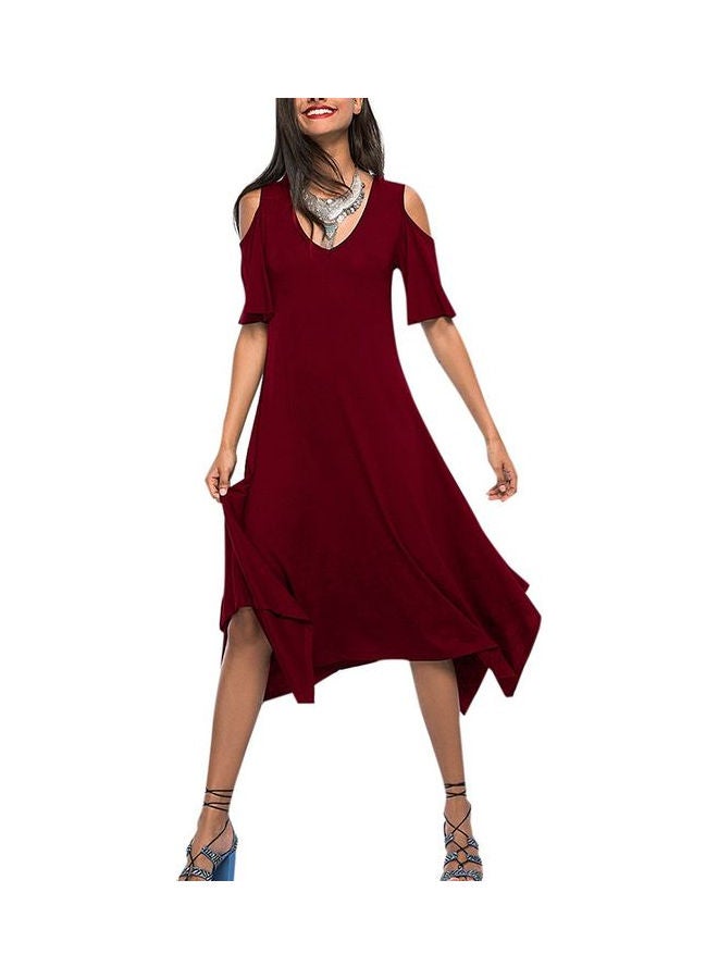 Cold Shoulder V-Neck Irregular Hem Summer Asymmetric Dress Burgundy  - Image 1