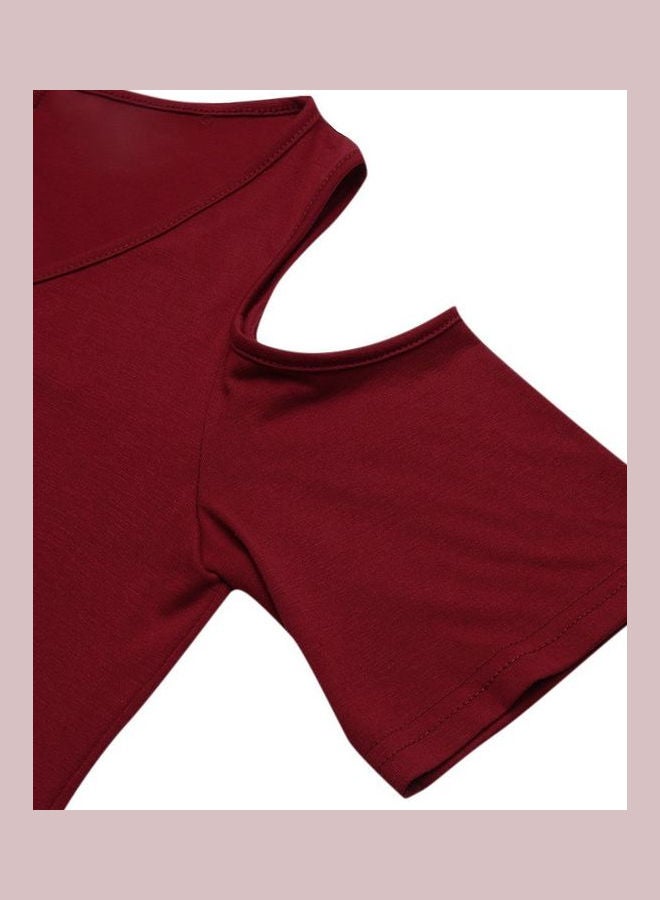 Cold Shoulder V-Neck Irregular Hem Summer Asymmetric Dress Burgundy  - Image 4