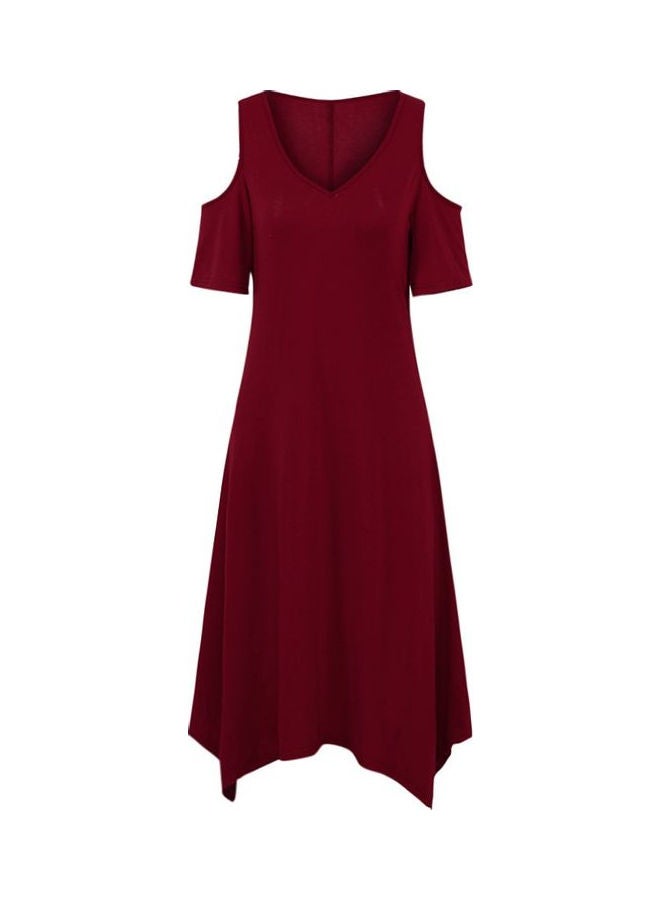 Cold Shoulder V-Neck Irregular Hem Summer Asymmetric Dress Burgundy  - Image 2