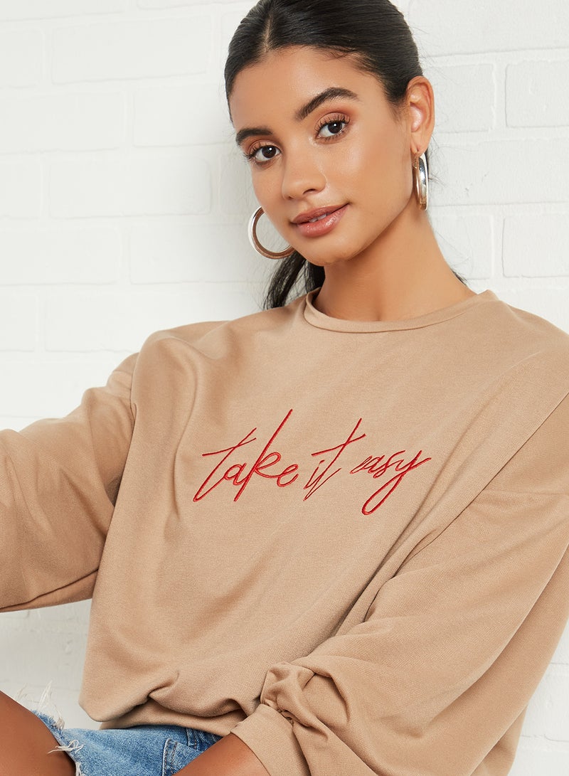 trendyol - Slogan Sweatshirt Beige - Image 1