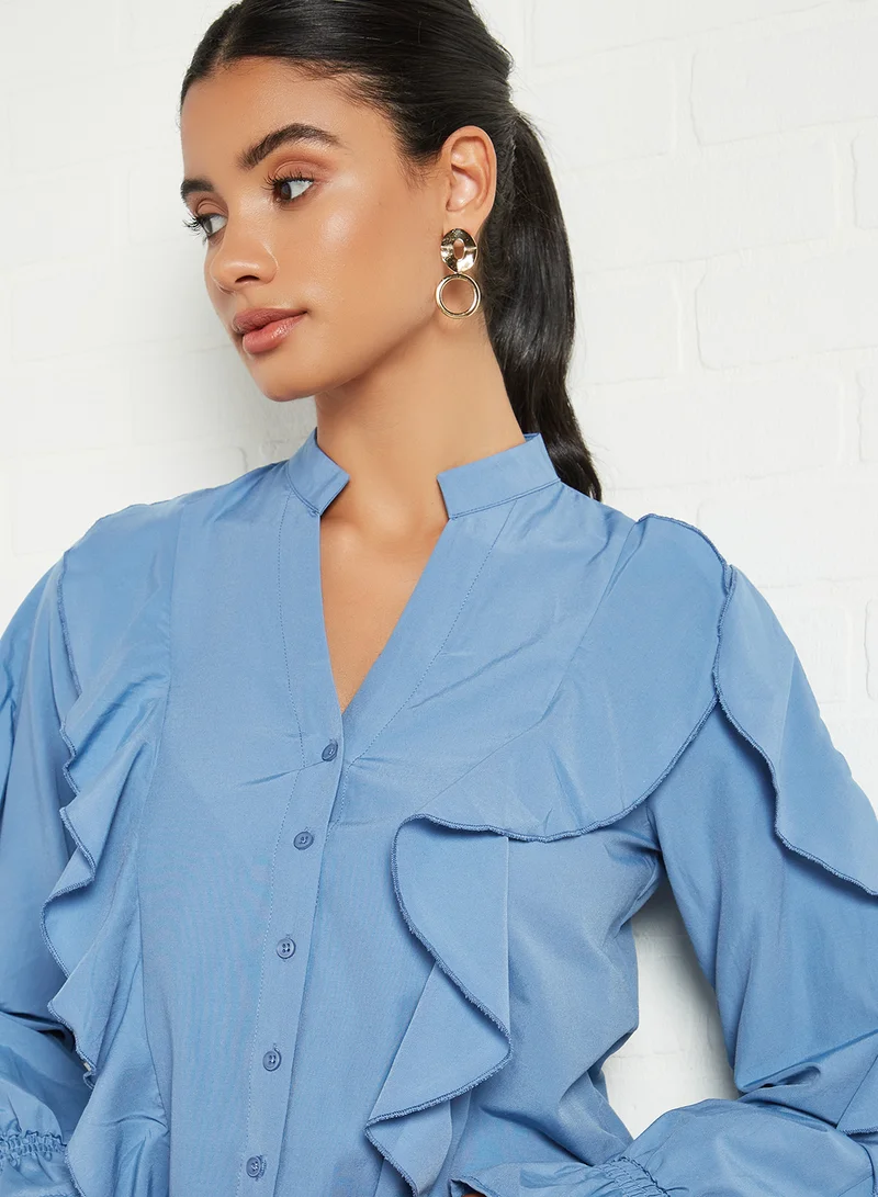 trendyol Ruffle Detailed Shirt Blue