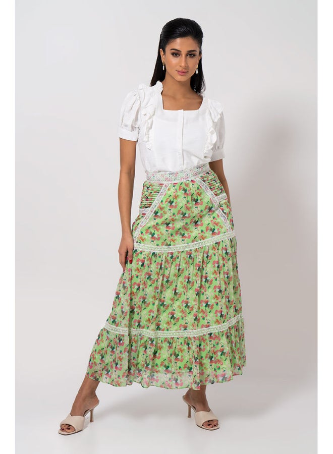 RINA Floral Printed Pleated Maxi Skirt Green/Pink/White - Image 3