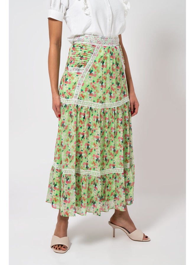 RINA Floral Printed Pleated Maxi Skirt Green/Pink/White - Image 1