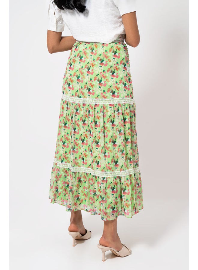 RINA Floral Printed Pleated Maxi Skirt Green/Pink/White - Image 2