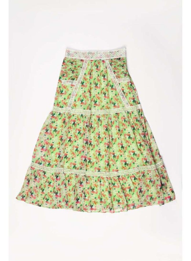 RINA Floral Printed Pleated Maxi Skirt Green/Pink/White - Image 4
