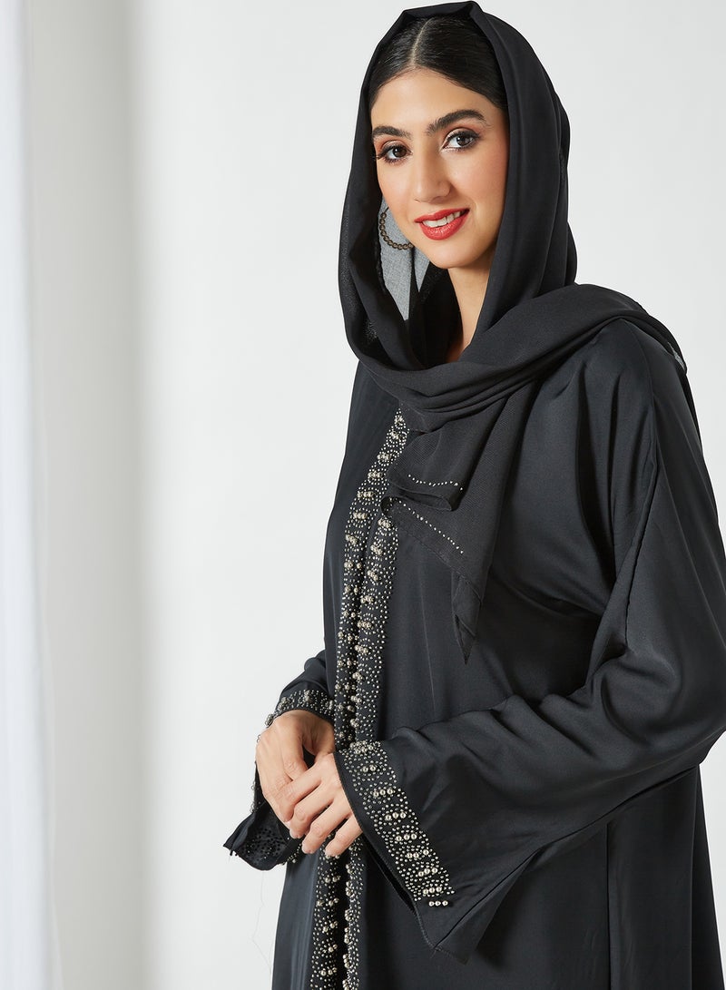 حياة عباية طويلة بأكمام طويلة ورقبة على شكل حرف V ومزينة بالخرز أسود - Image 3