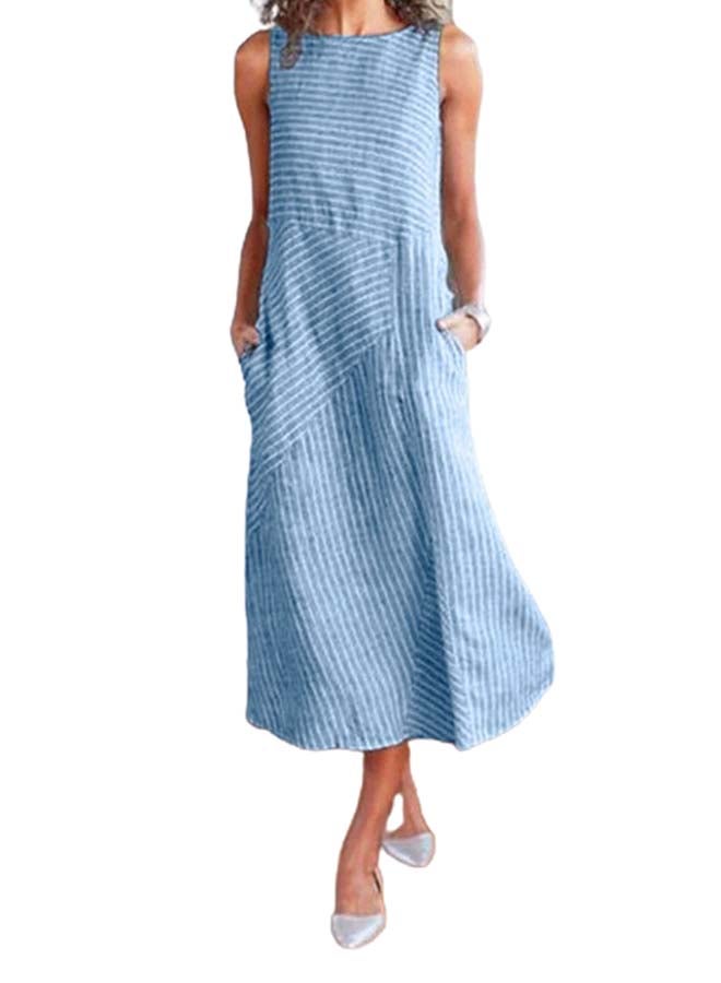 Striped Retro Print Sleeveless Dress Blue - Image 1