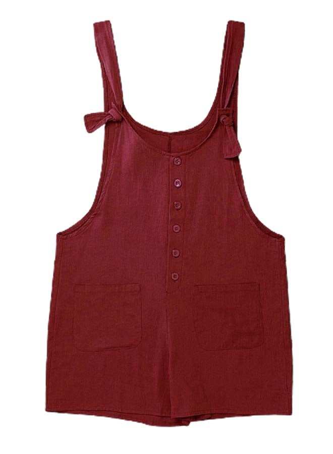 Overalls Buttons Adjustable Strap Jumpsuit Burgundy  - Image 1