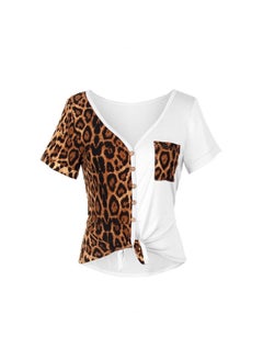 Leopard Print Spliced V-Neck Top Multicolour
