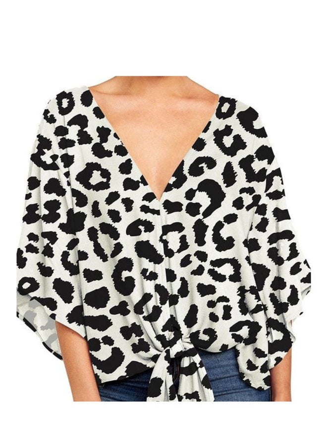 Leopard Printed V-Neck Flared Knotted Top White/Black - Image 1