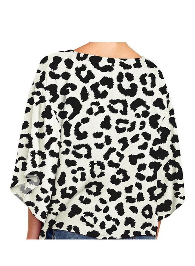 Leopard Printed V-Neck Flared Knotted Top White/Black - Image 2