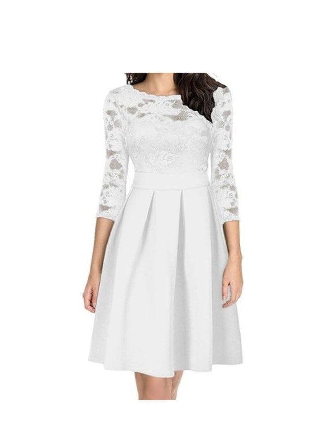 Elegant Sheer Lace Detail Pleated Dress White  - Image 1