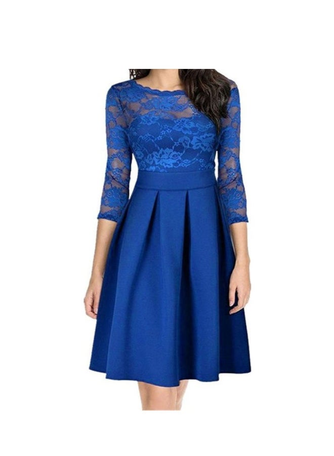 Elegant Sheer Lace Detail Pleated Dress Blue - Image 1
