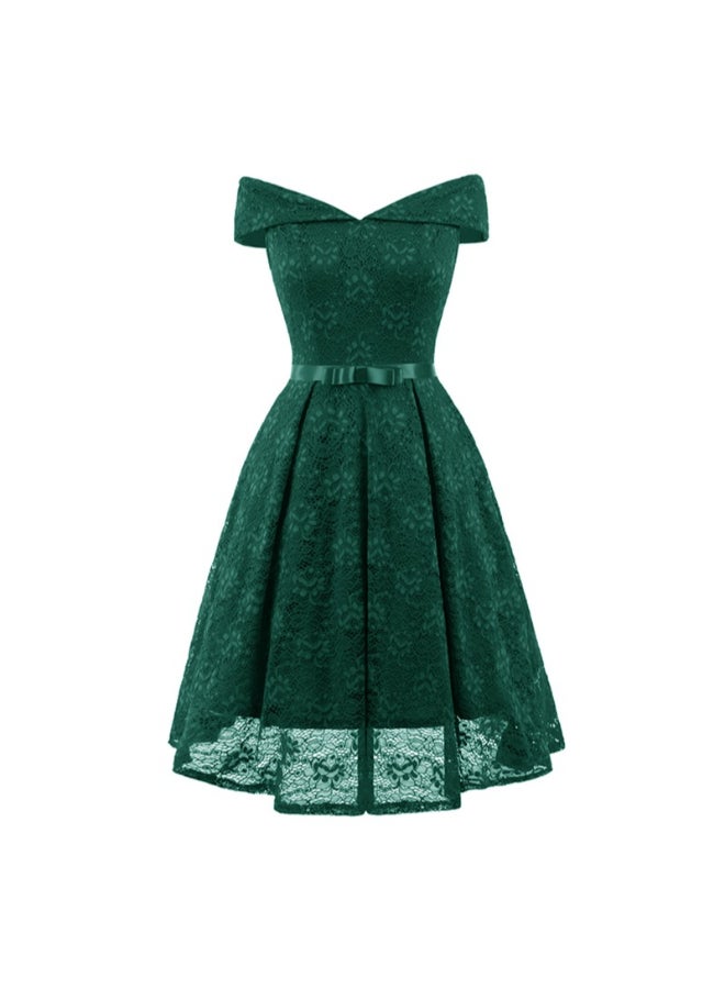 Lace Detail Off Shoulder Pleated A-Line Dress Green - Image 1