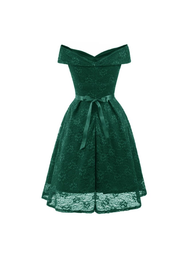 Lace Detail Off Shoulder Pleated A-Line Dress Green - Image 2