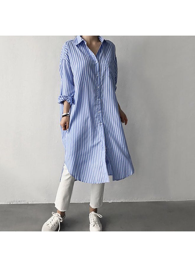 Striped Pattern Longline Shirt Blue