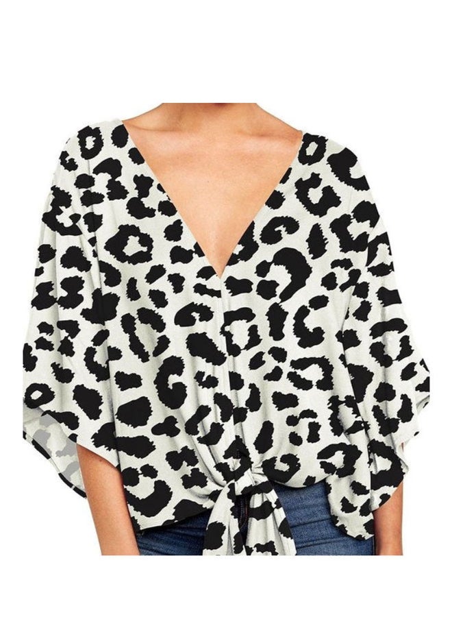Leopard Printed V-Neck Flared Knotted Top White/Black - Image 1