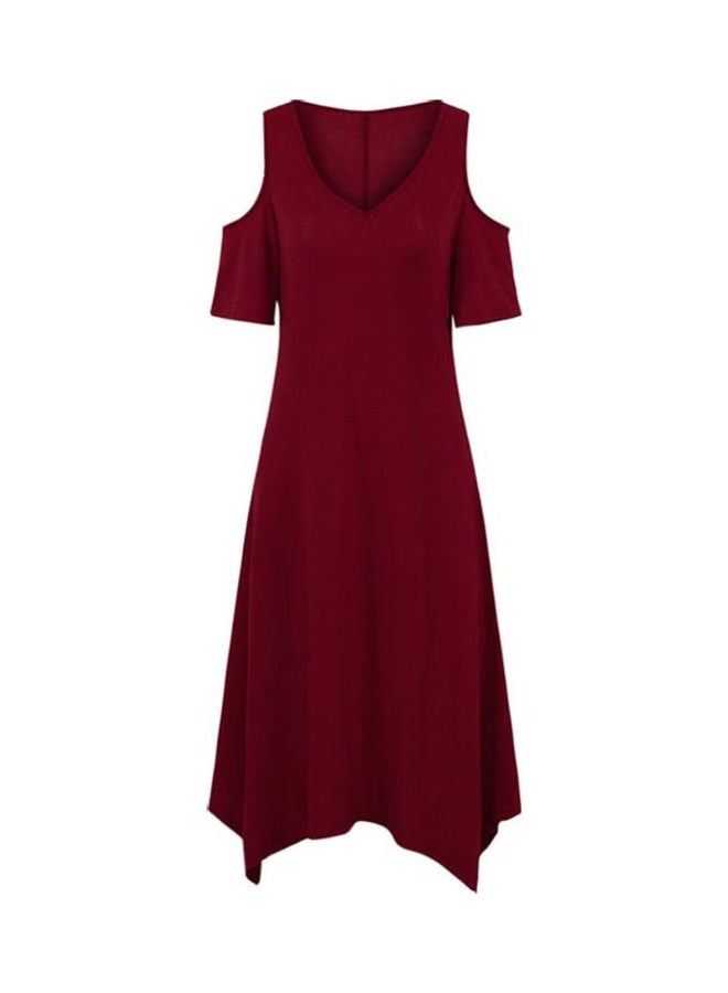 Cold Shoulder Detail Asymmetric Midi Dress Burgundy  - Image 1