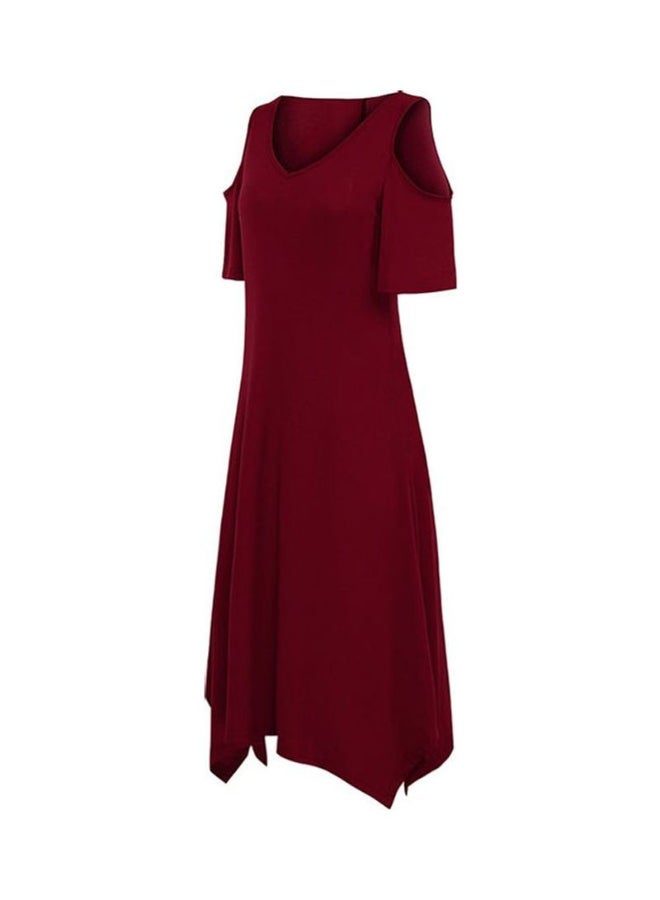 Cold Shoulder Detail Asymmetric Midi Dress Burgundy  - Image 2