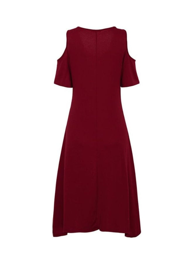 Cold Shoulder Detail Asymmetric Midi Dress Burgundy  - Image 3