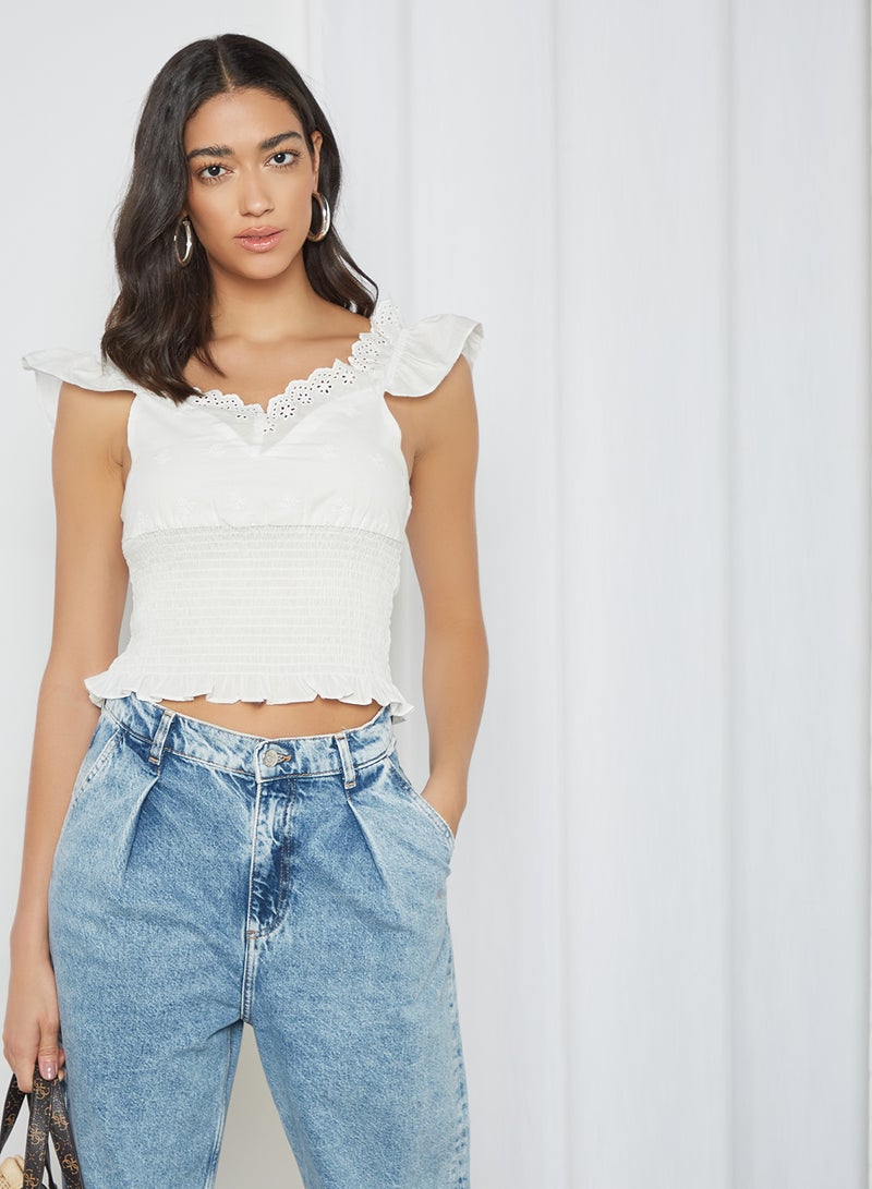 NOISY MAY - Jackie Ruffle Trim Crop Top Bright White - Image 1