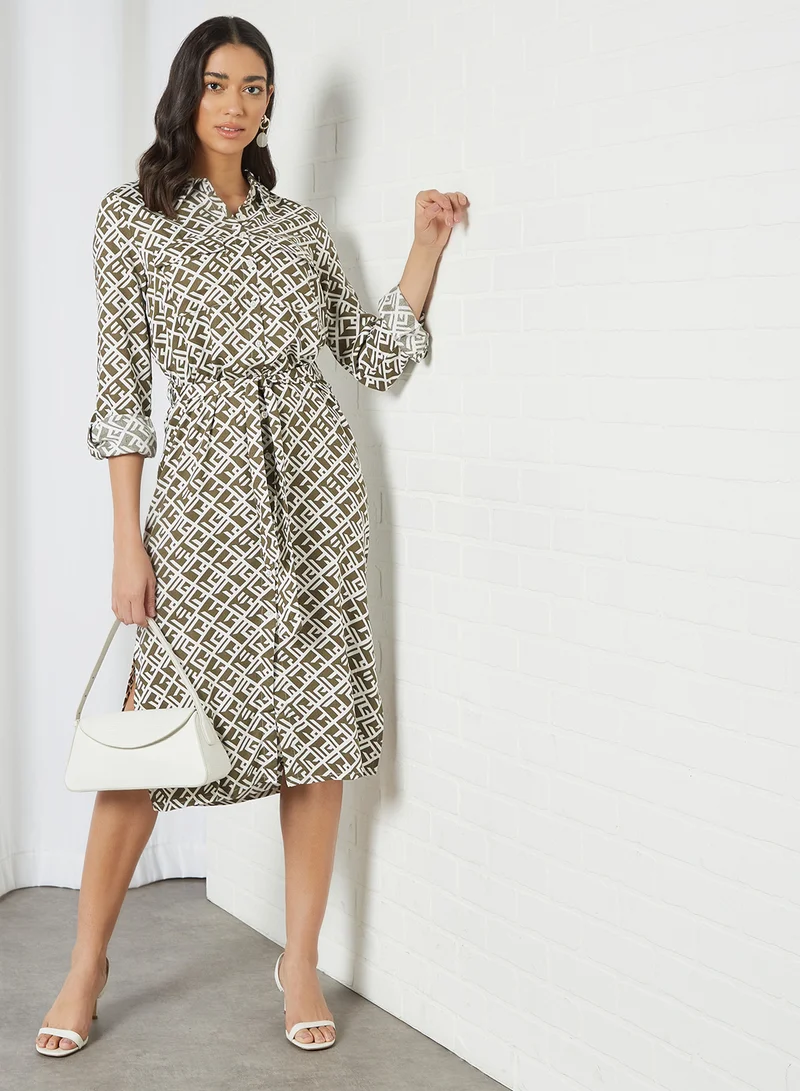 NOISY MAY All-Over Print Belted Dress Kalamata