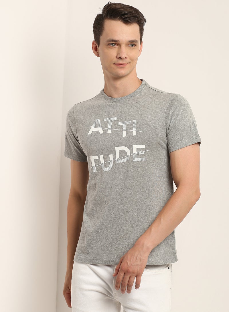 QUWA - Men casual slim fit graphic chest printed T-shirt Steel Grey - Image 1
