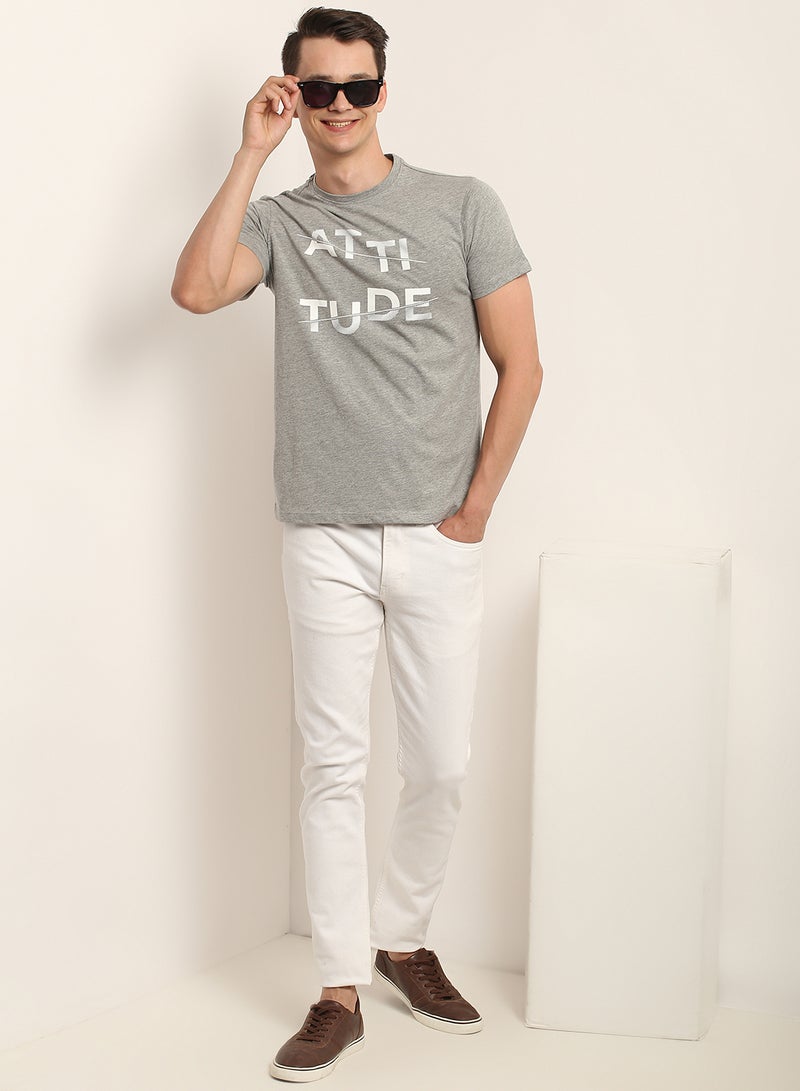 QUWA - Men casual slim fit graphic chest printed T-shirt Steel Grey - Image 1