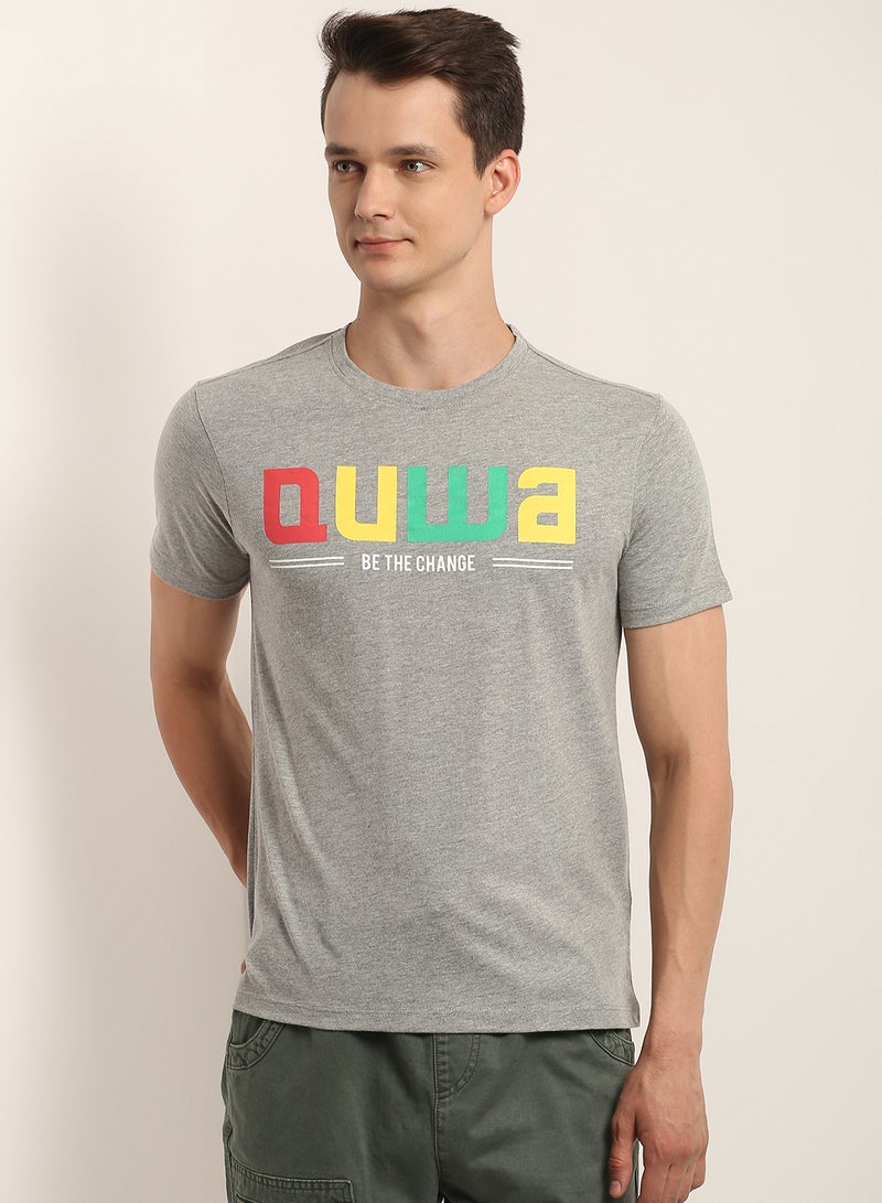 QUWA Men casual slim fit multicolor brand logo printed T-shirt Cloud Grey  - Image 1